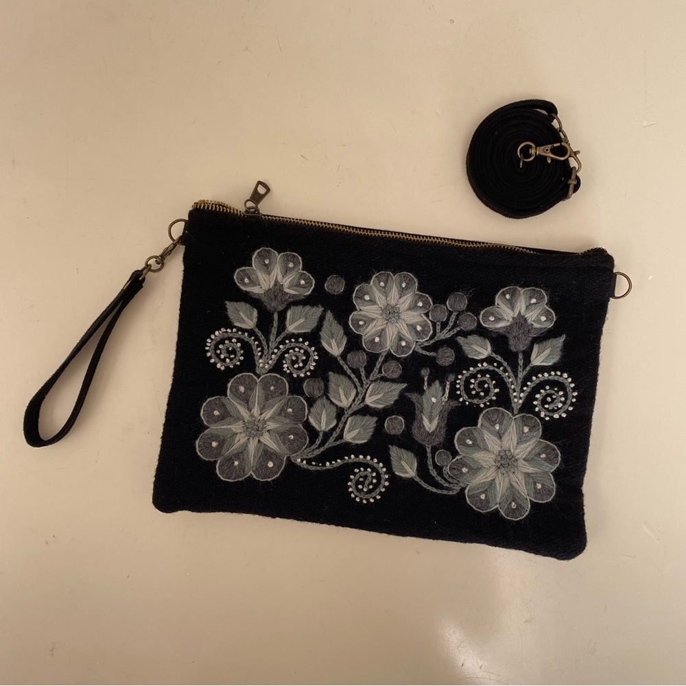 Embroidered Floral Black Suede Bag w/ Wristlet & Strap